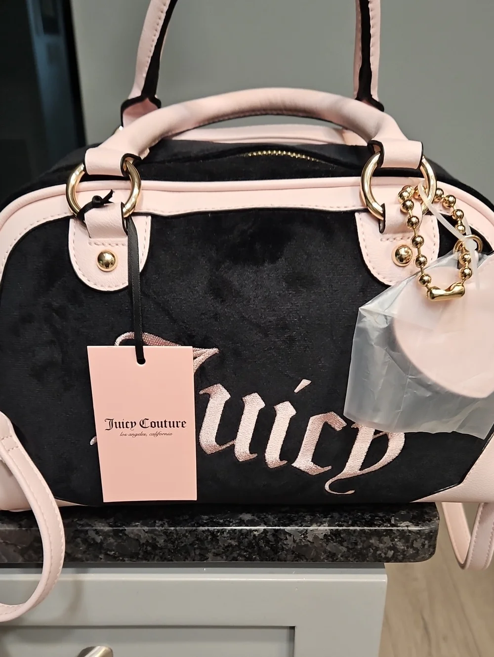 Juicy Couture Black and Light Pink Logo Satchel